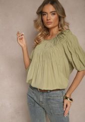 Zielona Bluzka z Wiskozą o Fasonie Oversize z Gumkami w Ramionach Alirona. Zielone bluzki damskie Renee, bez wzorów, z wiskozy, eleganckie, bez kołnierzyka, bez ramiączek. Za 44.99 zł.