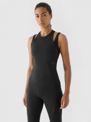 4F Top treningowy slim szybkoschnący 4F x Anna Lewandowska - czarny S. Czarne koszulki sportowe damskie 4F, s, bez wzorów, z dzianiny, bez ramiączek, na fitness i siłownię. W wyprzedaży za 89.99 zł.