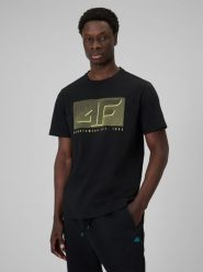4F T-shirt regular z nadrukiem męski - czarny L. Czarne t-shirty męskie 4F, l, bez wzorów, z dresówki, bez kołnierzyka, bez ramiączek. Za 69.99 zł.