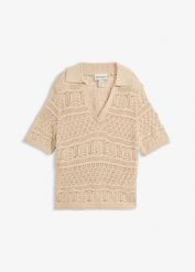 Sweter ażurowy z kołnierzykiem polo, z domieszką bawełny. Brązowe swetry nierozpinane damskie bonprix, w ażurowe wzory, z bawełny, bez kołnierzyka, bez ramiączek. Za 54.99 zł.