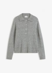 Sweter z kołnierzykiem polo z domieszką wełny. Szare swetry nierozpinane damskie bonprix, bez wzorów, z wełny, eleganckie, bez kołnierzyka, bez ramiączek. Za 149.99 zł.