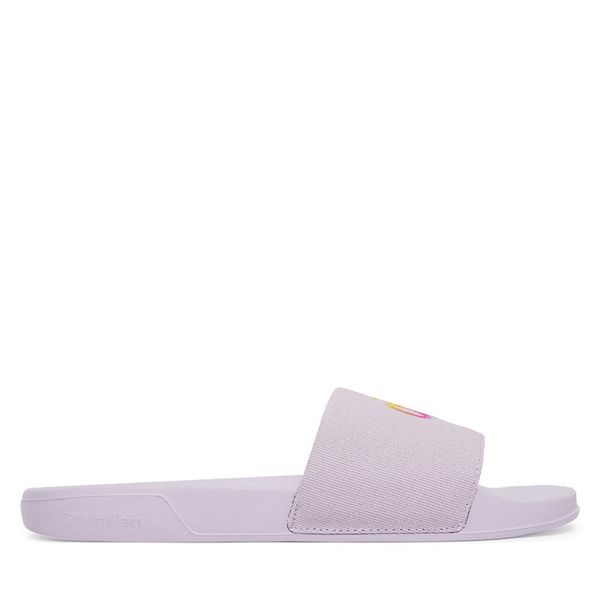 Klapki Calvin Klein. Fioletowe klapki damskie Calvin Klein, bez wzorów, bez obcasa, bez zapięcia. Za 153.99 zł.