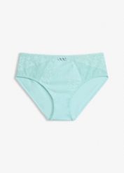 Figi maxi z delikatną koronką. Niebieskie majtki damskie bonprix, z koronki. Za 49.99 zł.