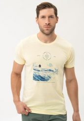 T-shirt z grafiką surferską T-BOARD. Żółte t-shirty męskie Volcano, m, bez wzorów, z bawełny, bez kołnierzyka, bez ramiączek. Za 59.99 zł.