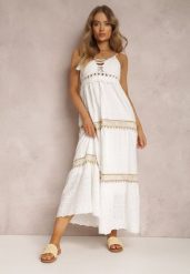 Biała Sukienka Ianina. Białe sukienki damskie Renee, m, bez wzorów, z bawełny, eleganckie, bez kołnierzyka, bez ramiączek, maxi, rozkloszowane. Za 159.99 zł.