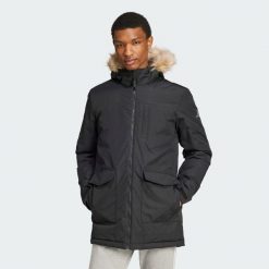 Paveric Fur Parka. Niebieskie parki męskie Adidas, l, bez wzorów, z poliamidu, klasyczne, bez kołnierzyka, bez kaptura. Za 664.20 zł.