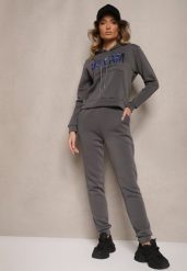 Ciemnoszary Ocieplany Komplet Dresowy Bawełniany Spodnie Joggery i Bluza Zdobiona Nadrukiem Filoira. Szare bluzy damskie Renee, m, z aplikacjami, z bawełny, bez ramiączek, z kapturem. Za 84.99 zł.