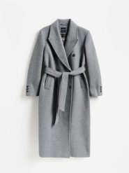 Płaszcz z wełną Manteco - ciemnoszary. Szare płaszcze damskie Reserved, l, bez wzorów, z tkaniny, bez kołnierzyka, bez kaptura. Za 699.99 zł.
