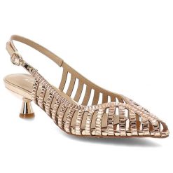 Sandały damskie Alma En Pena, cholewka ze skóry ekologicznej o plecionym, ażurowym wykończeniu zapięcie na pasek wokół pięty spiczasty nosek, różowe,. Czerwone sandały damskie Alma En Pena, w ażurowe wzory, ze skóry ekologicznej, bez obcasa, na słupku, bez zapięcia. Za 539.90 zł.