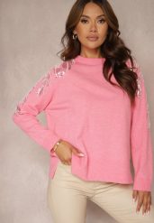 Różowy Sweter z Wiskozą i Modalem Ozdobiony Cekinami i Perłami Iveara. Czerwone swetry nierozpinane damskie Renee, na zimę, bez wzorów, z wiskozy, casualowe, bez kołnierzyka, bez ramiączek. Za 99.99 zł.