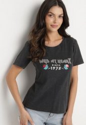 Czarny Bawełniany T-shirt z Metalicznym Nadrukiem Savariae. Czarne t-shirty damskie Born2be, l, z aplikacjami, z bawełny, eleganckie, bez kołnierzyka, bez ramiączek. Za 39.99 zł.