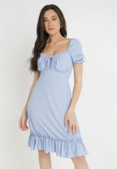 Niebieska Sukienka Andrelle. Niebieskie sukienki damskie Born2be, bez wzorów, z tkaniny, bez kołnierzyka, bez ramiączek, mini, gorsetowe. Za 29.99 zł.