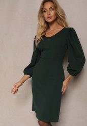 Ciemnozielona Sukienka o Dopasowanym Kroju z Lekko Bufiastymi Rękawami Zinnashira. Zielone sukienki damskie Renee, na wiosnę, m, z aplikacjami, eleganckie, bez kołnierzyka, bez ramiączek, midi, dopasowane. Za 74.99 zł.