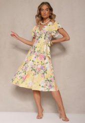Żółta Kopertowa Sukienka w Kwiaty Atesalia. Żółte sukienki damskie Renee, na co dzień, na wiosnę, m, bez wzorów, eleganckie, bez kołnierzyka, bez ramiączek, midi, kopertowe. Za 84.99 zł.