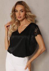 Czarna Casualowa Bluzka z Koronką i Krótkim Rękawem Garista. Czarne bluzki damskie Renee, l, bez wzorów, z koronki, bez kołnierzyka, bez ramiączek. Za 49.99 zł.
