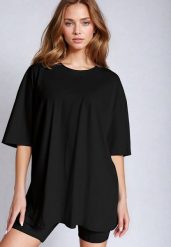 Czarny Bawełniany T-shirt Koszulka z Krótkim Rękawem Bevima. Czarne bluzki damskie Born2be, bez wzorów, z bawełny, bez kołnierzyka, bez ramiączek. Za 59.99 zł.
