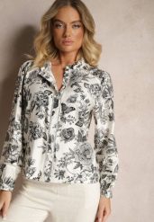 Biało-Czarna Wiskozowa Koszula w Kwiatowy Print z Bufiastymi Rękawami Hanistrae. Czarne koszule damskie Renee, l, w ażurowe wzory, z jeansu, eleganckie, bez kołnierzyka, bez ramiączek. Za 89.99 zł.