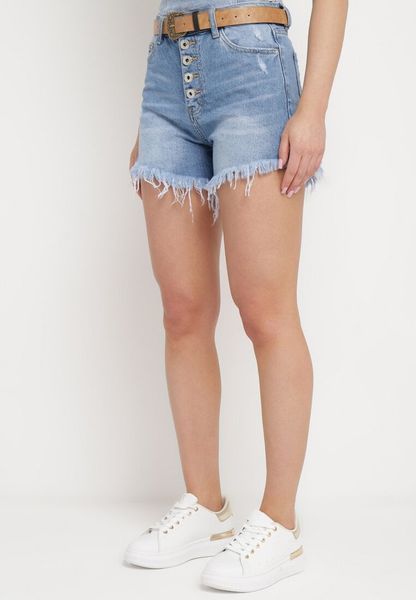 Niebieskie Bawełniane Jeansowe Szorty Zapinane na Guziki z Wysokim Stanem i Wystrzępionymi Nogawkami Hettala. Niebieskie szorty damskie Born2be, bez wzorów, z bawełny, eleganckie, z podwyższonym stanem. Za 99.99 zł.