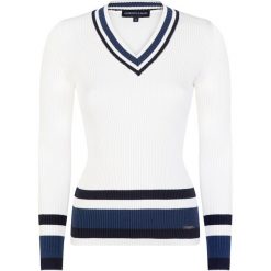 Sweter w kolorze biało-granatowym. Białe swetry nierozpinane damskie Giorgio Di Mare, s, bez wzorów, z bawełny, bez kołnierzyka, bez ramiączek. W wyprzedaży za 128.95 zł.