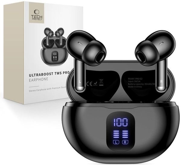 Słuchawki Tech-Protect Ultraboost TWS Earphone Pro G2 Czarny. Czarne słuchawki bezprzewodowe TECH-PROTECT. Za 52.46 zł.