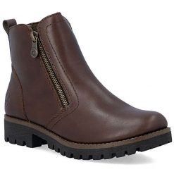 Skórzane botki damskie na suwak brązowy Rieker 78556-28. Brązowe botki damskie Rieker, bez wzorów, ze skóry, bez obcasa, bez zapięcia. Za 469.00 zł.