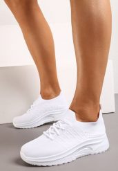 Białe Wsuwane Buty Sportowe z Elastyczną Cholewką i Ozdobną Wstawką na Podeszwie Moonsara. Białe obuwie sportowe damskie Born2be, bez wzorów, z jeansu, z okrągłym noskiem, bez zapięcia, na fitness i siłownię. Za 49.99 zł.