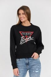 GUESS Czarna damska bluza Icon z dużym logo. Czarne bluzy damskie Guess, s, z aplikacjami, z bawełny, bez ramiączek, bez kaptura. W wyprzedaży za 322.99 zł.