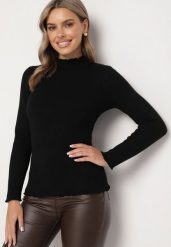 Czarny Sweter z Wełną i Ozdobną Falbanką przy Dekolcie Seanoria. Czarne swetry nierozpinane damskie Born2be, l, z aplikacjami, z jeansu, eleganckie, bez kołnierzyka, bez ramiączek. Za 84.99 zł.