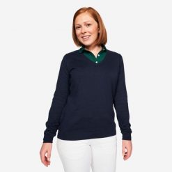 Sweter do golfa damski MW 100 dekolt w serek. Niebieskie swetry nierozpinane damskie INESIS, l, bez wzorów, z bawełny, eleganckie, bez kołnierzyka, bez ramiączek. Za 69.99 zł.