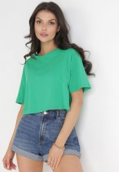 Zielony Krótki T-shirt Oversize Lilu. Zielone t-shirty damskie Born2be, l, bez wzorów, z bawełny, eleganckie, bez kołnierzyka, bez ramiączek. Za 29.99 zł.