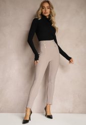Jasnobeżowe Legginsy Bawełniane High Waist Ozdobione Guzikami Liorvia. Brązowe legginsy damskie Renee, bez wzorów, z bawełny. Za 39.99 zł.