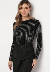 Czarny Dzianinowy Sweter z Okrągłym Dekoltem Ozdobiony Paskami z Cyrkoniami Faweni. Czarne swetry nierozpinane damskie Born2be, m, bez wzorów, z dzianiny, eleganckie, bez kołnierzyka, bez ramiączek. Za 139.99 zł.