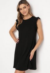 Czarna Letnia Sukienka Bawełniana z Falbankami Wokół Ramion Sasare. Czarne sukienki damskie Born2be, na lato, l, bez wzorów, z bawełny, bez kołnierzyka, bez ramiączek, mini, trapezowe. Za 44.99 zł.