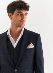 PAKO LORENTE – Granatowa kamizelka garniturowa w kratę Windowpane. Garnitury męskie Pako Lorente, bez wzorów, z elastanu. Za 149.99 zł.