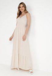 Jasnobeżowa Sukienka Neamedora. Brązowe sukienki damskie Born2be, na lato, l, bez wzorów, bez kołnierzyka, bez ramiączek, maxi, kopertowe. Za 29.99 zł.