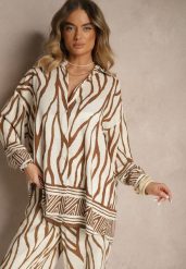 Beżowa Koszula z Wiskozy z Lnem w Geometryczny Wzór Sepilora. Brązowe koszule damskie Renee, bez wzorów, z materiału, eleganckie, bez kołnierzyka, bez ramiączek. Za 59.99 zł.