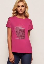 Ciemnoróżowy Bawełniany T-shirt z Ozdobnym Napisem i Cyrkoniami Krisiona. Czerwone t-shirty damskie Born2be, l, bez wzorów, z bawełny, biznesowe, bez kołnierzyka, bez ramiączek. Za 34.99 zł.