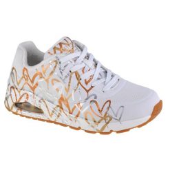 Buty sportowe Sneakersy damskie, Skechers Uno-Metallic Love. Białe obuwie sportowe damskie Skechers, bez wzorów, z gumy, bez zapięcia, trekkingowe. Za 399.99 zł.