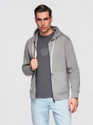 Męska bluza bawełniana dresowa BASIC rozpinana z kapturem - szara V8 - Rozmiar: S. Szare bluzy męskie Ombre Clothing, m, z aplikacjami, z bawełny, z kapturem, trekkingowe. W wyprzedaży za 118.99 zł.