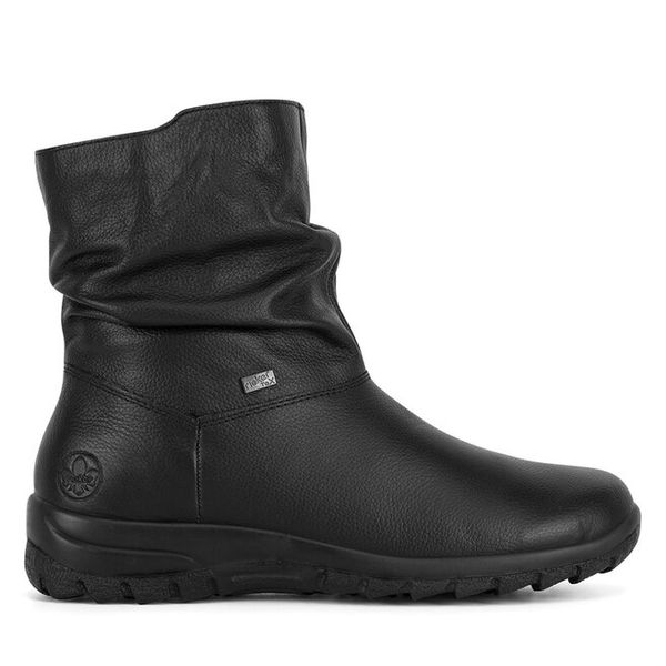 Botki Rieker. Czarne botki damskie Rieker, bez wzorów, bez obcasa, na płaskiej podeszwie, bez zapięcia. Za 419.99 zł.