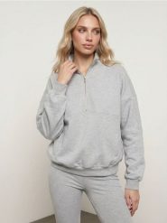 Bluza half-zip z bawełną - szary. Szare bluzy damskie Sinsay, l, bez wzorów, z bawełny, sportowe, bez ramiączek, bez kaptura. Za 49.99 zł.