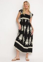 Czarna Boho Sukienka z Wiskozy na Szerokich Ramiączkach z Gumkami w Pasie i Falbanką Cleria. Czarne sukienki damskie Born2be, na co dzień, l, bez wzorów, z wiskozy, boho, bez kołnierzyka, bez ramiączek, maxi, kopertowe. Za 109.99 zł.