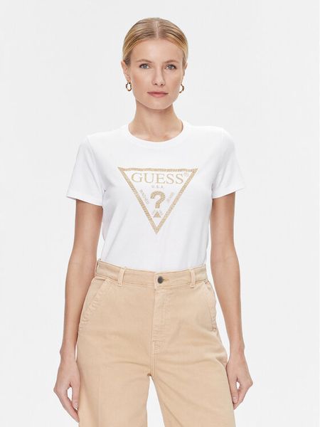 Guess T-Shirt W4RI69 J1314 Biały Regular Fit. Białe t-shirty damskie Guess, xs, z aplikacjami, z bawełny, bez kołnierzyka, bez ramiączek. Za 89.99 zł.