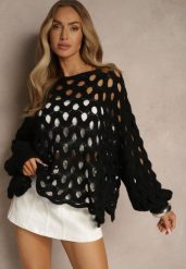 Czarny Nietoperzowy Sweter z Dzianiny z Wełną o Ażurowym Splocie Filarasea. Czarne swetry nierozpinane damskie Renee, w ażurowe wzory, z dzianiny, casualowe, bez kołnierzyka, bez ramiączek. Za 119.99 zł.