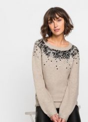 Sweter z kolorowymi cekinami. Brązowe swetry nierozpinane damskie bonprix, bez wzorów, bez kołnierzyka, bez ramiączek. Za 149.99 zł.