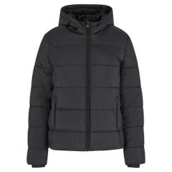 Krótka Kurtka Puchowa Z Kapturem Dla Kobiet. Czarne kurtki sportowe damskie Urban Classics, s, bez wzorów, z puchu, bez ramiączek, z kapturem, trekkingowe. Za 310.99 zł.