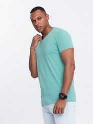 Męska klasyczna bawełniana koszulka z dekoltem w serek BASIC – turkusowa V15. Niebieskie t-shirty męskie Ombre Clothing, m, bez wzorów, z bawełny, bez kołnierzyka, bez ramiączek. W wyprzedaży za 24.99 zł.