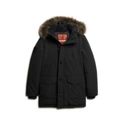 Parka z kapturem i sztucznym futrem Superdry Everest. Czarne parki męskie Superdry, l, bez wzorów, z softshellu, bez kołnierzyka, z kapturem. W wyprzedaży za 783.40 zł.