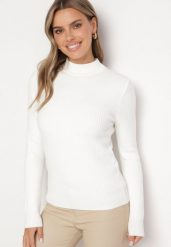 Biały Sweter z Wiskozą i Golfem z Elastycznego Prążkowanego Materiału Nikiella. Białe swetry nierozpinane damskie Born2be, bez wzorów, z materiału, eleganckie, bez kołnierzyka, bez ramiączek. Za 84.99 zł.