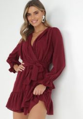 Bordowa Sukienka Pronynome. Czerwone sukienki damskie Born2be, l, z aplikacjami, z gumy, bez kołnierzyka, bez ramiączek, mini, kopertowe. Za 139.99 zł.